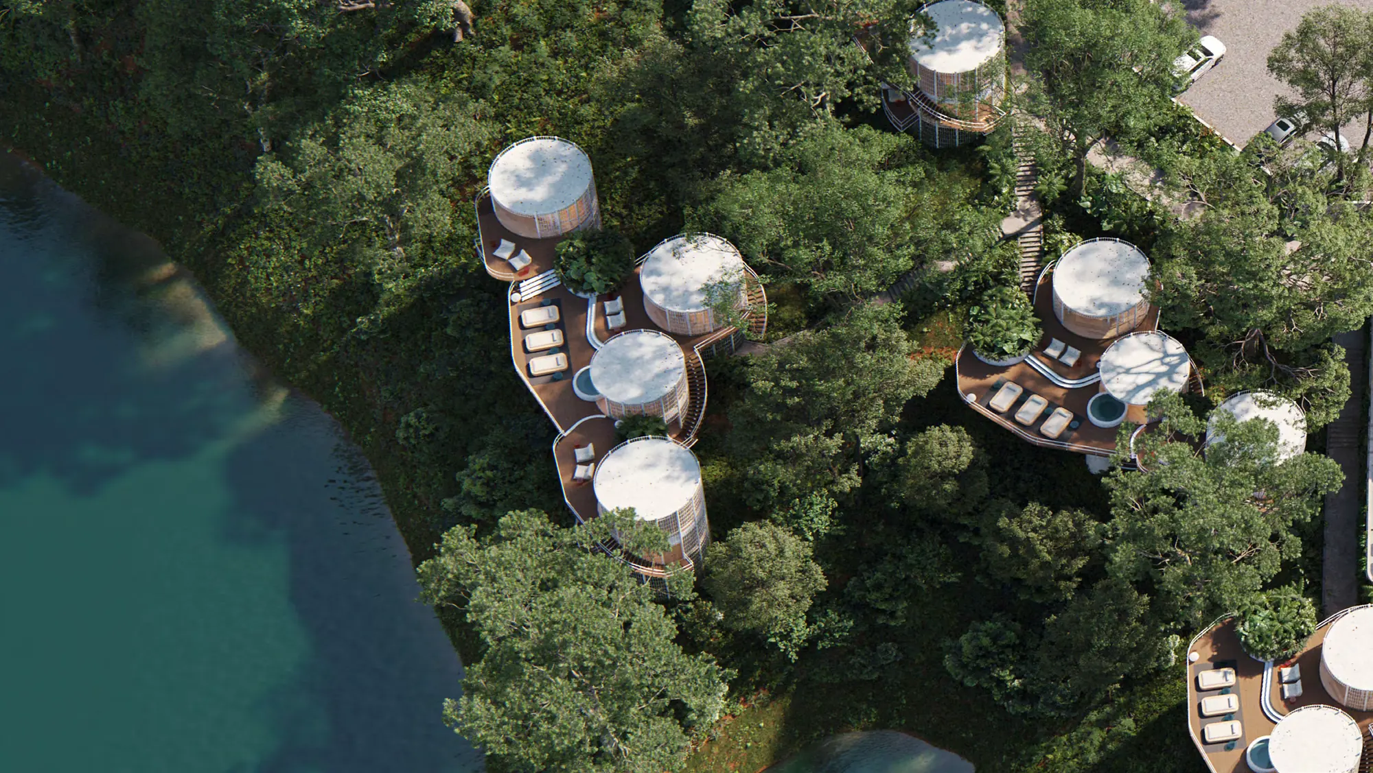 Aerial view of Blaze Hotel's circular towers on the Guatapé lake, Colombia