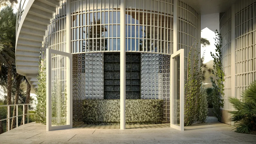 Blaze lobby with white lattice façade
