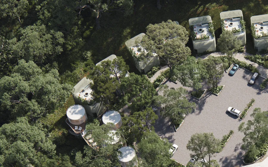 Aerial view of the lofts and parking