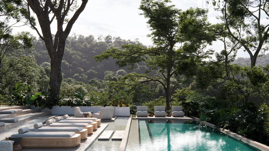Main outdoor pool with daybeds and forest views
