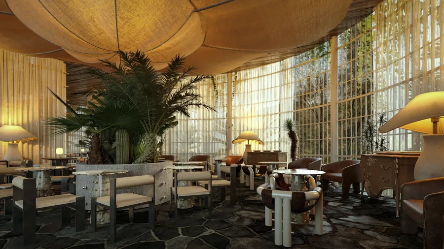 Restaurant with hanging fabric ceiling