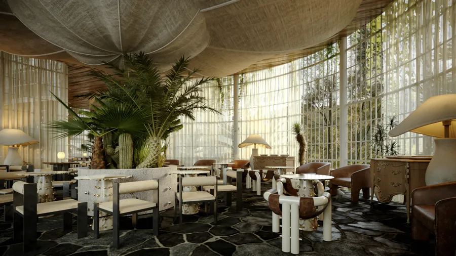Restaurant dining room with plants