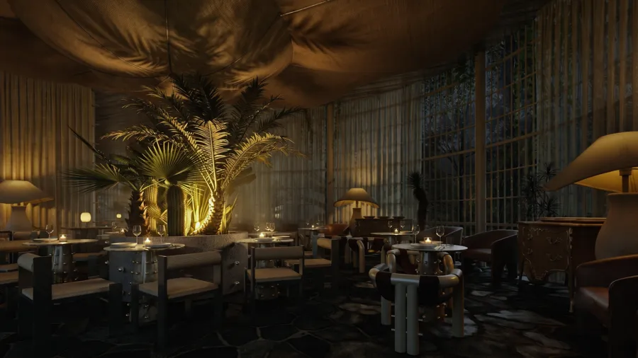 Restaurant interior with hanging fabric ceiling and plants