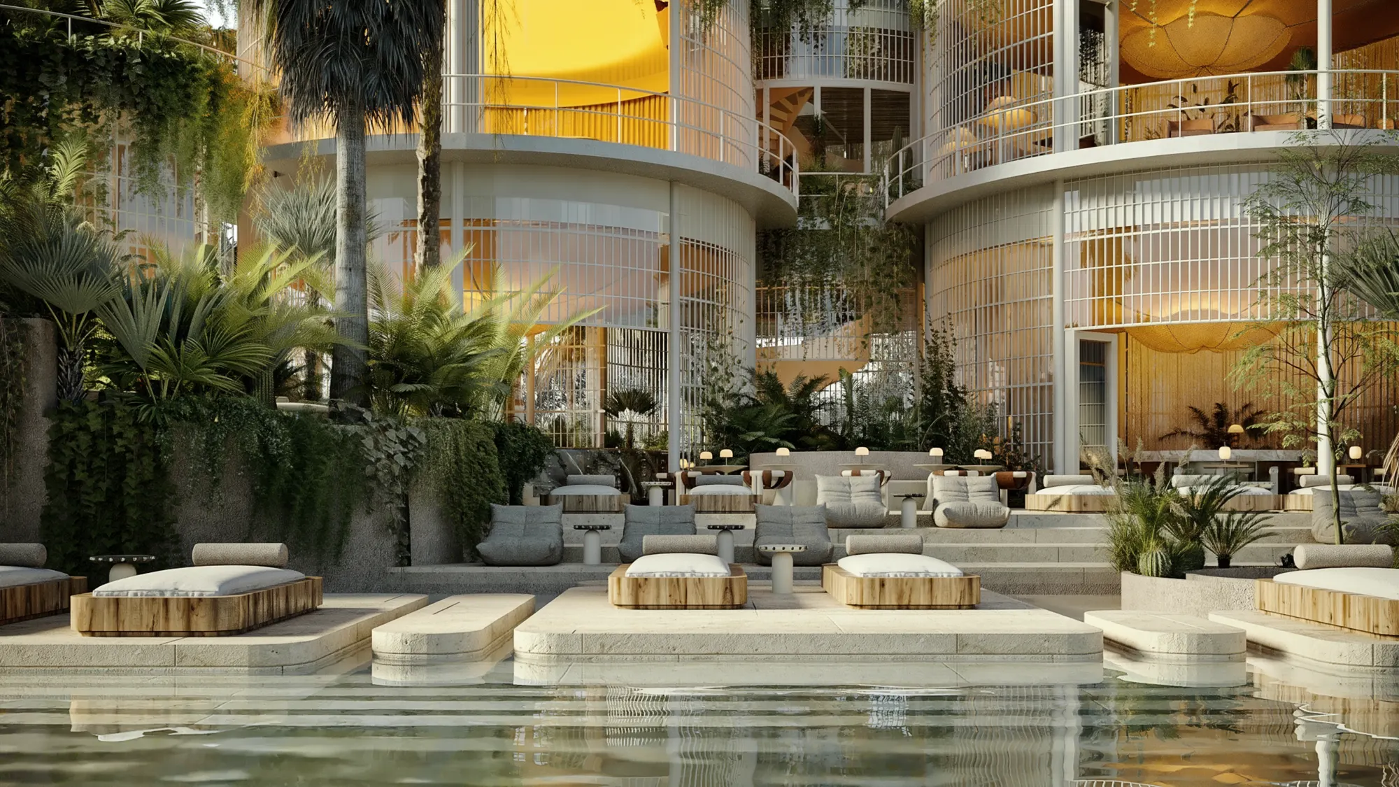 Restaurant terraces stepping down to the central pool of Blaze