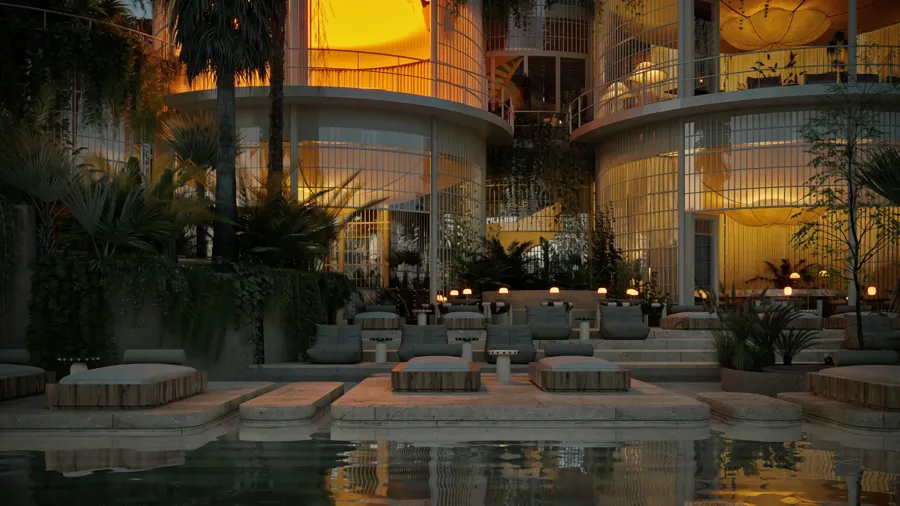 Central pool at dusk