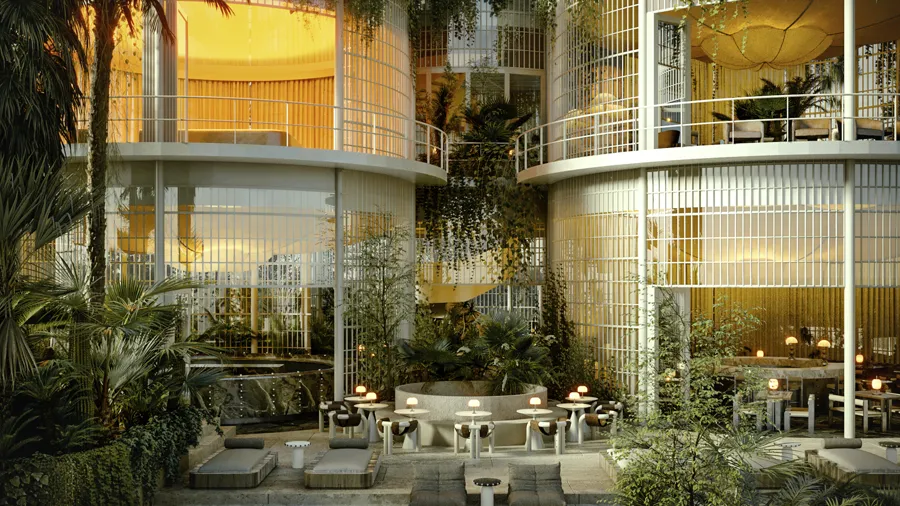 Restaurant terraces stepping down to the pool