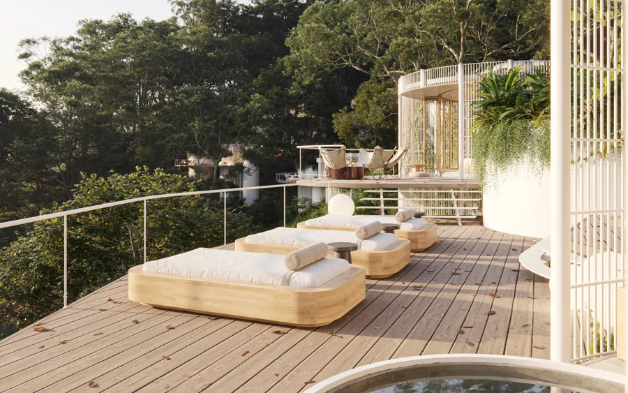 Wooden deck with daybeds and jacuzzi