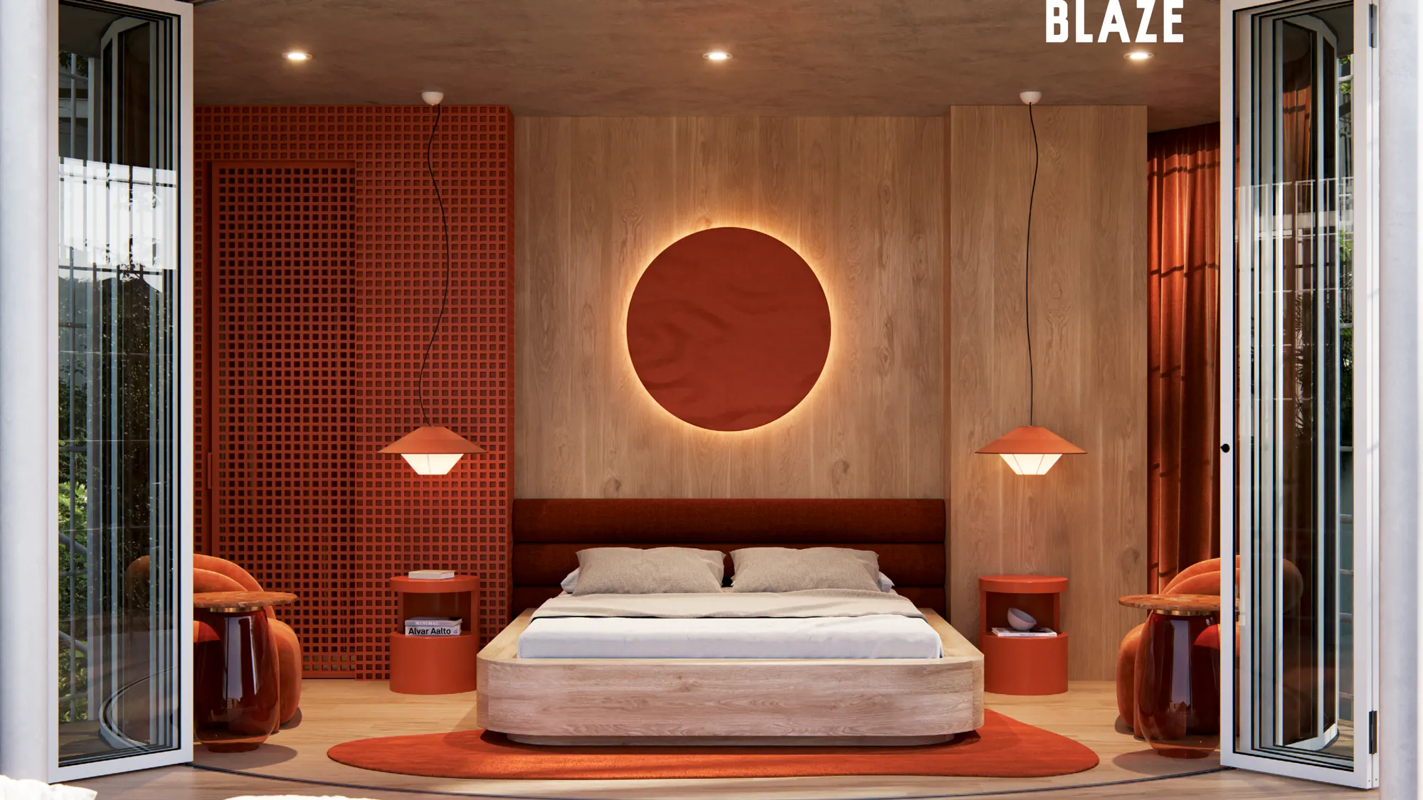 Blaze hotel room interior in warm terracotta tones with folding glass doors