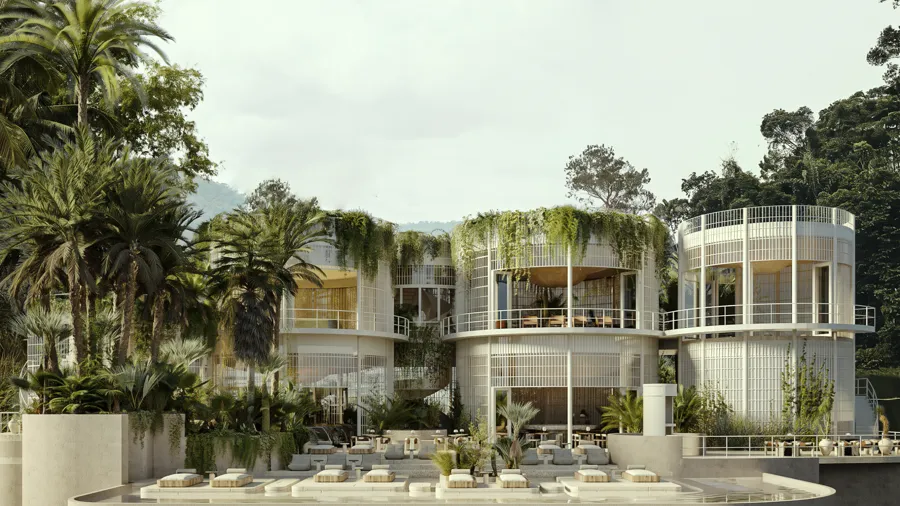 Social area with palm trees and pool